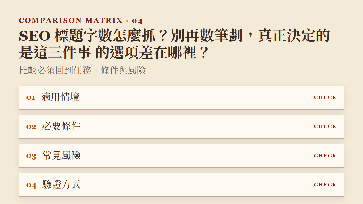 SEO 標題字數怎麼抓？別再數筆劃，真正決定的是這三件事 的選項差在哪裡？：比較必須回到任務、條件與風險