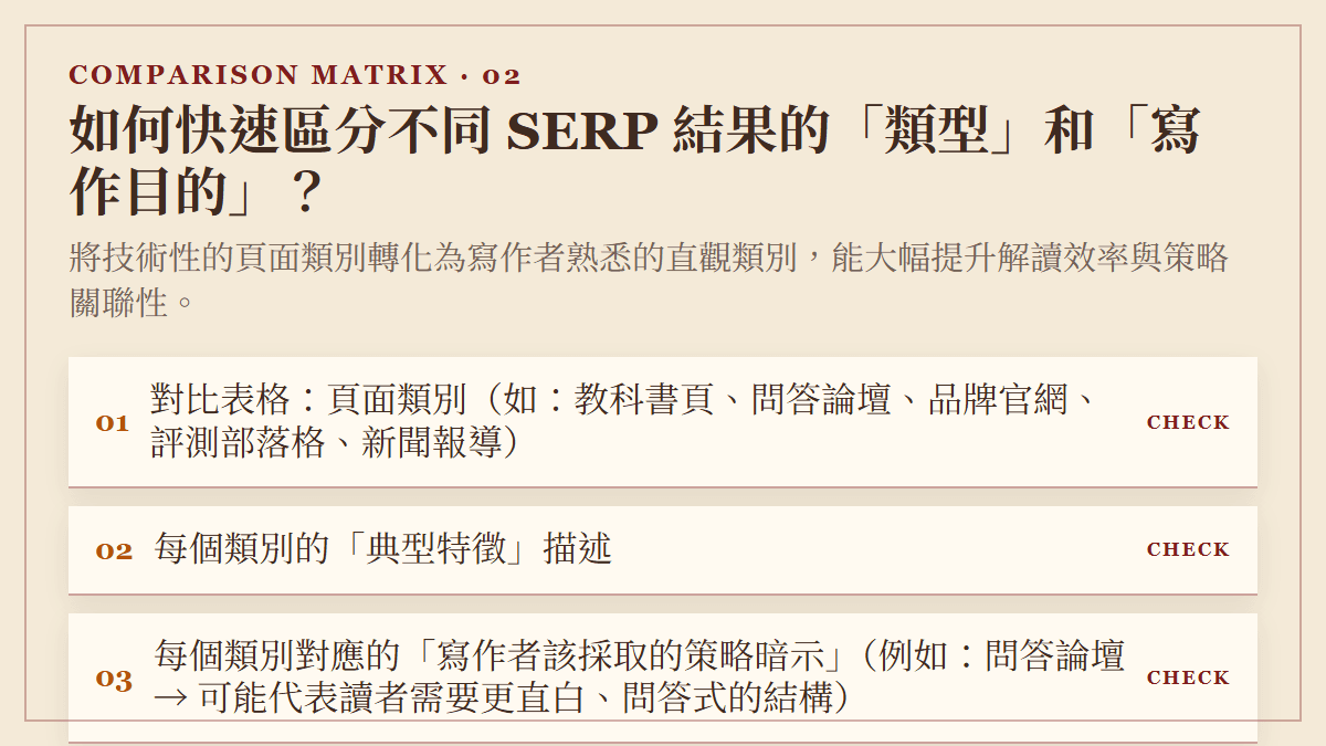 如何快速區分不同 SERP 結果的「類型」和「寫作目的」？：將技術性的頁面類別轉化為寫作者熟悉的直觀類別，能大幅提升解讀效率與策略關聯性。