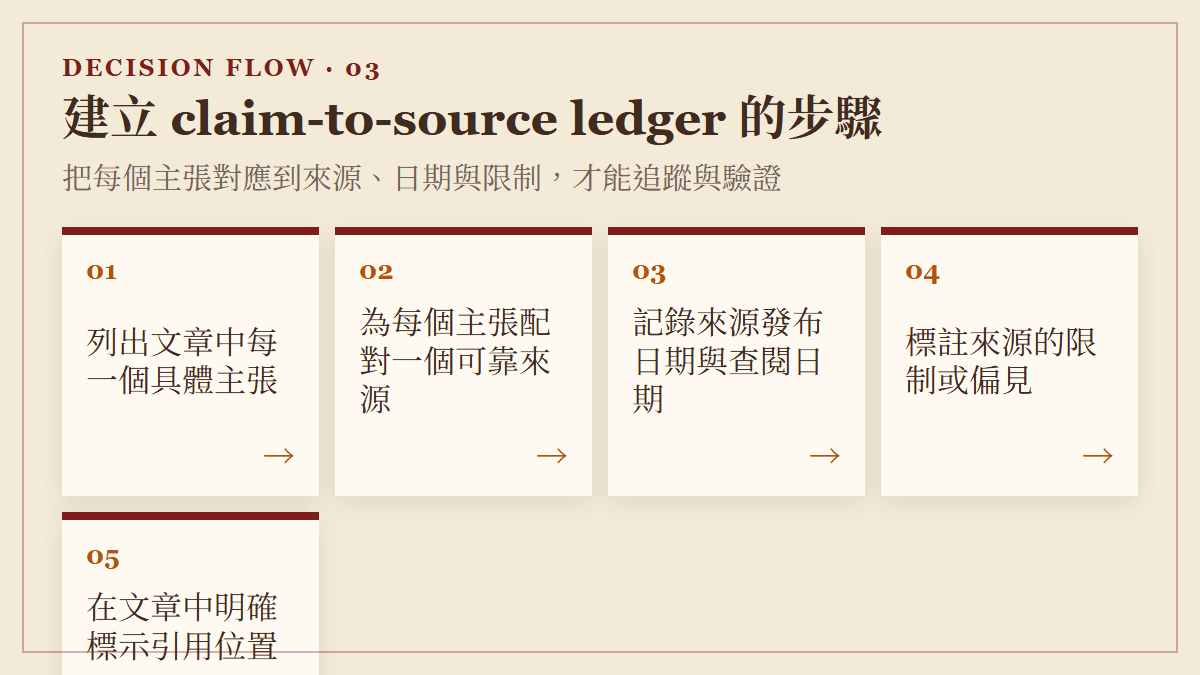 建立 claim-to-source ledger 的步驟：把每個主張對應到來源、日期與限制，才能追蹤與驗證