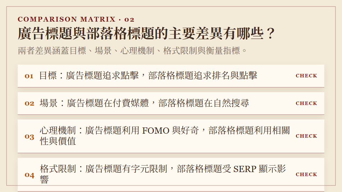 廣告標題與部落格標題的主要差異有哪些？：兩者差異涵蓋目標、場景、心理機制、格式限制與衡量指標。