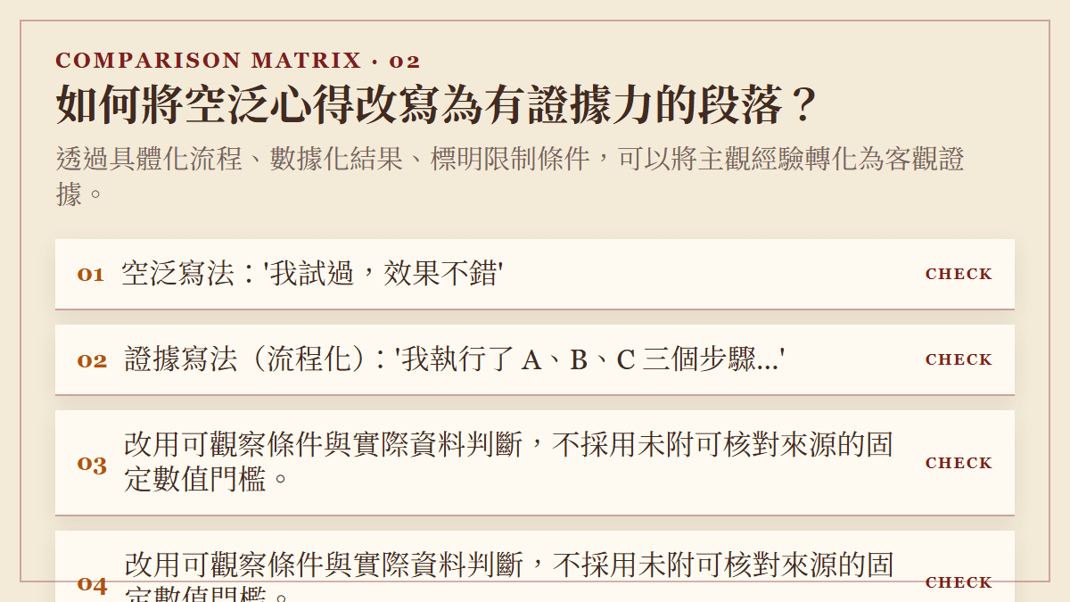 如何將空泛心得改寫為有證據力的段落？：透過具體化流程、數據化結果、標明限制條件，可以將主觀經驗轉化為客觀證據。