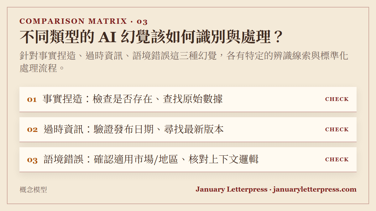 不同類型的 AI 幻覺該如何識別與處理？：針對事實捏造、過時資訊、語境錯誤這三種幻覺，各有特定的辨識線索與標準化處理流程。