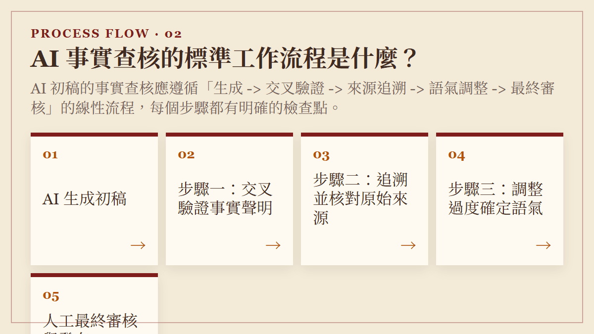 AI 事實查核的標準工作流程是什麼？：AI 初稿的事實查核應遵循「生成 -> 交叉驗證 -> 來源追溯 -> 語氣調整 -> 最終審核」的線性流程，每個步驟都有明確的檢查點。