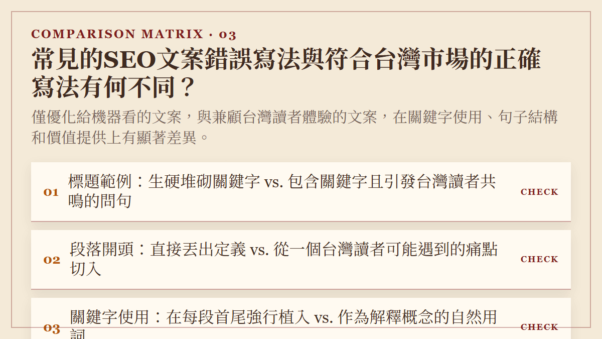 常見的SEO文案錯誤寫法與符合台灣市場的正確寫法有何不同？：僅優化給機器看的文案，與兼顧台灣讀者體驗的文案，在關鍵字使用、句子結構和價值提供上有顯著差異。